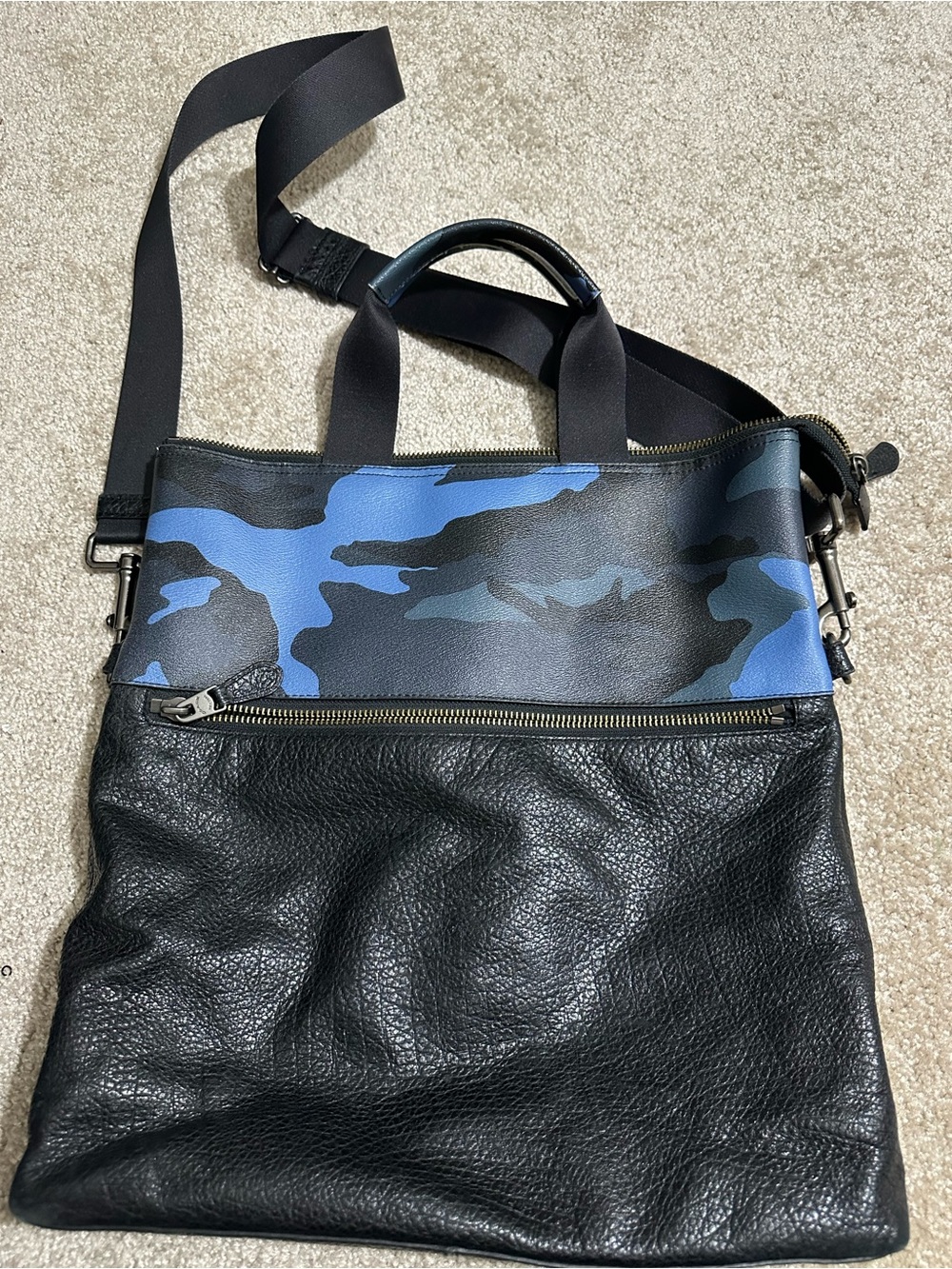Coach Black Leather Messenger with Blue Camouflage Accent
